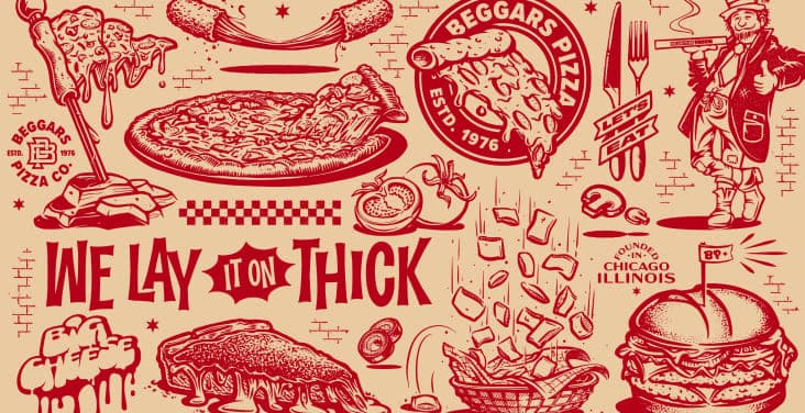 A collage of custom Beggars Pizza illustrations, including food items and brand messaging.