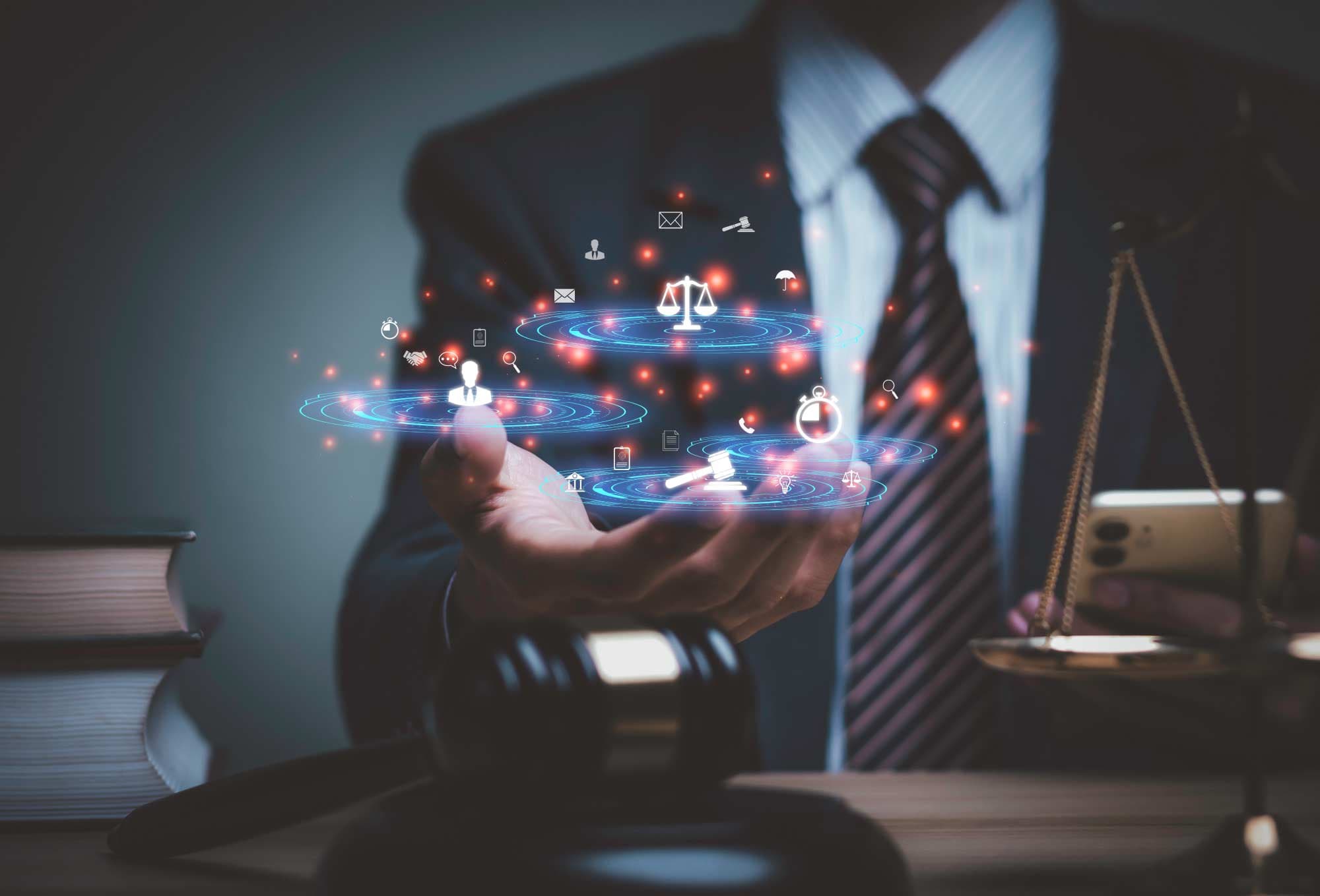 person in suit with hand extended outward and legal symbols floating above