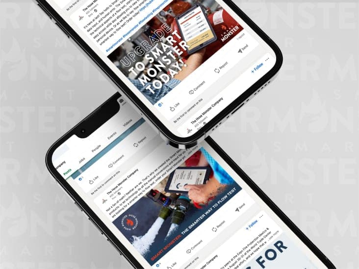 Two cellphones with example social posts, one says, “Upgrade to Smart Monster Today!”