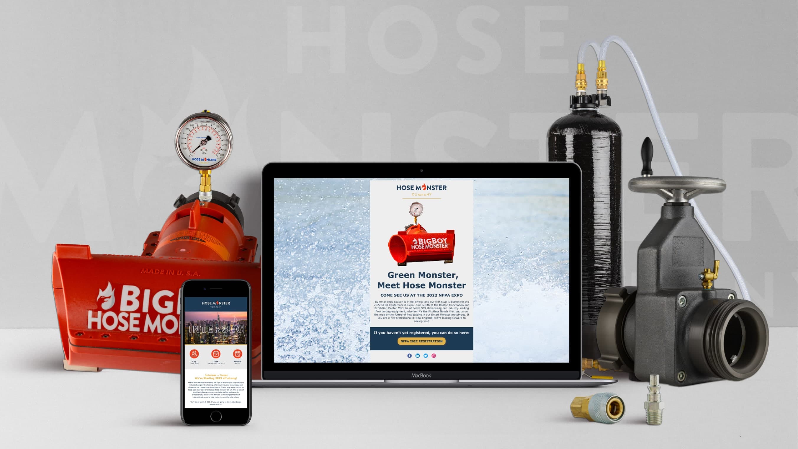 A Big Boy Hose Monster, Dechlor Demon, Hydrant Gate Valve next to a phone and laptop displaying the Hose Monster website.