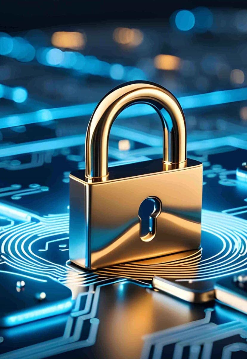 Shiny gold lock on glowing blue circuit board