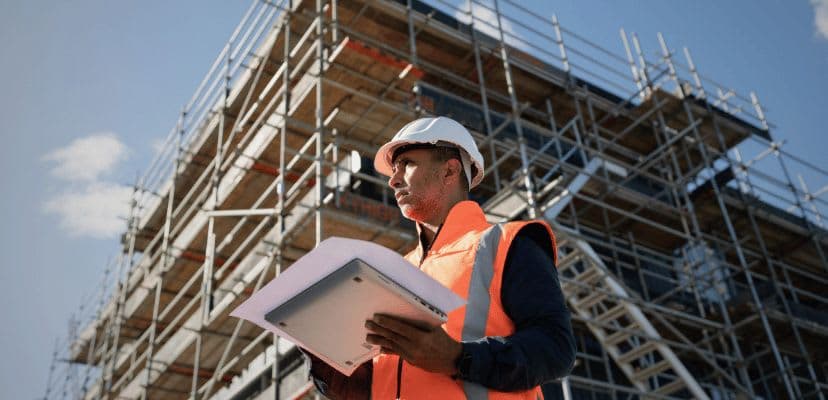 Man in a white construction hat with a high visibility orange vest on, holding a laptop and papers in front of a building being built.