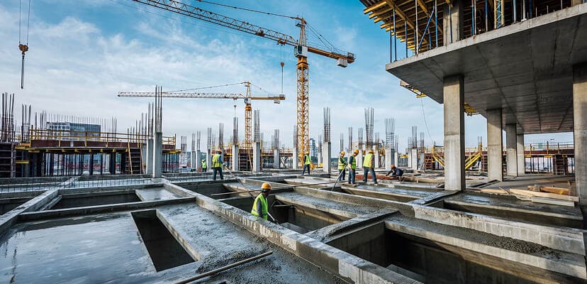 A construction site in a city with workers moving around