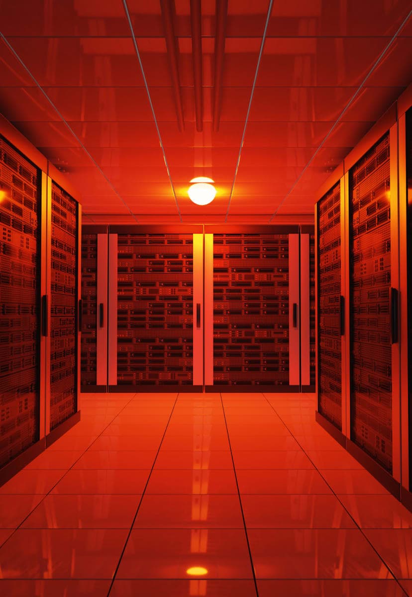 A server room lit up in all red