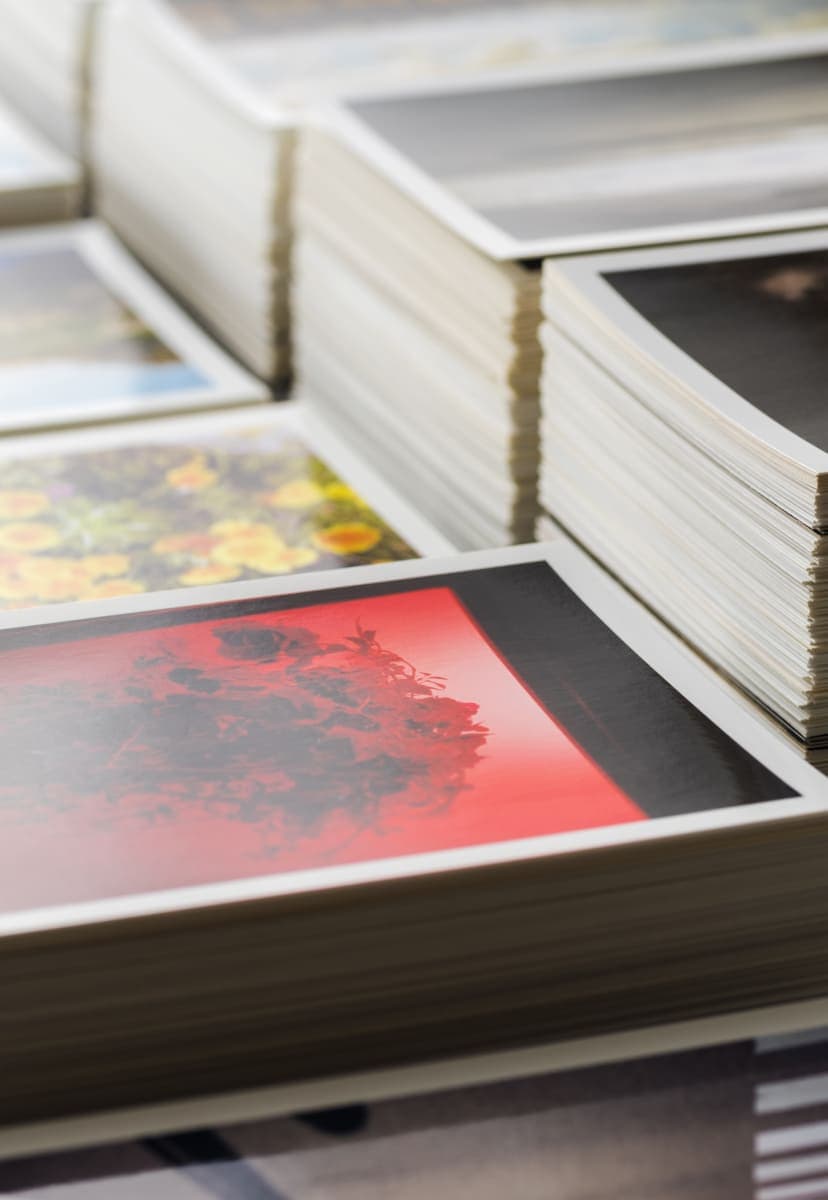 Stacks of colorful printed photos