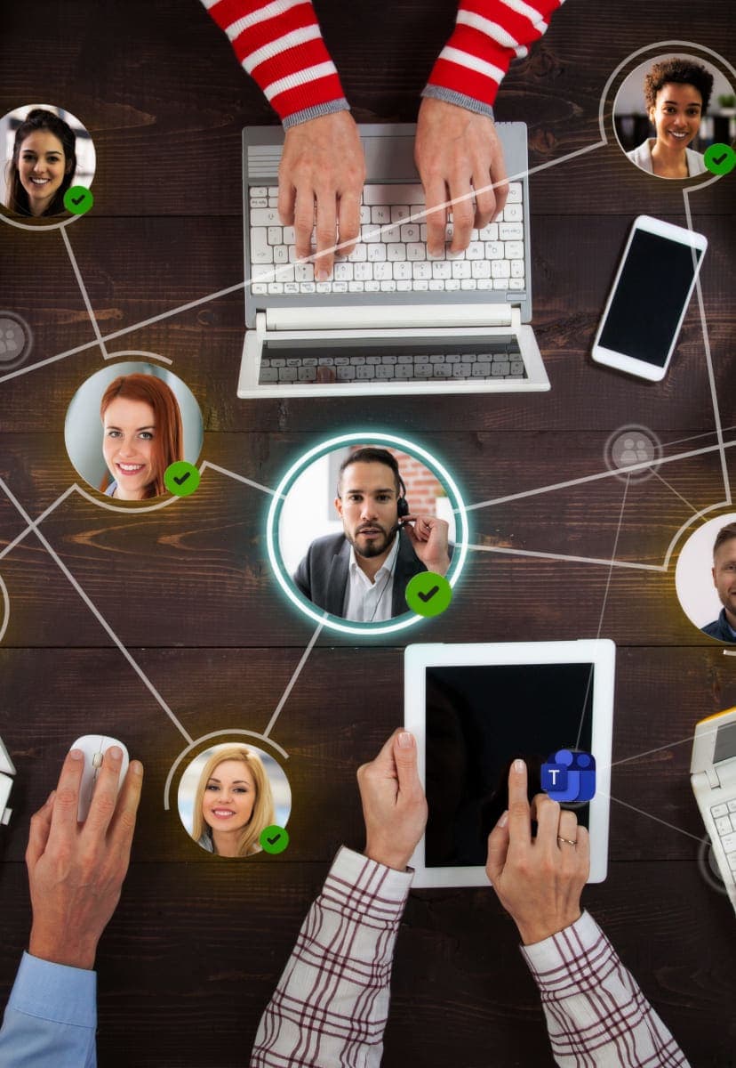 A group of people working on digital devices around a table with interconnected circles containing headshots of their colleagues between them