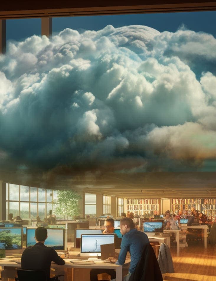 An open floor plan office filled with people with a rain cloud hovering over them