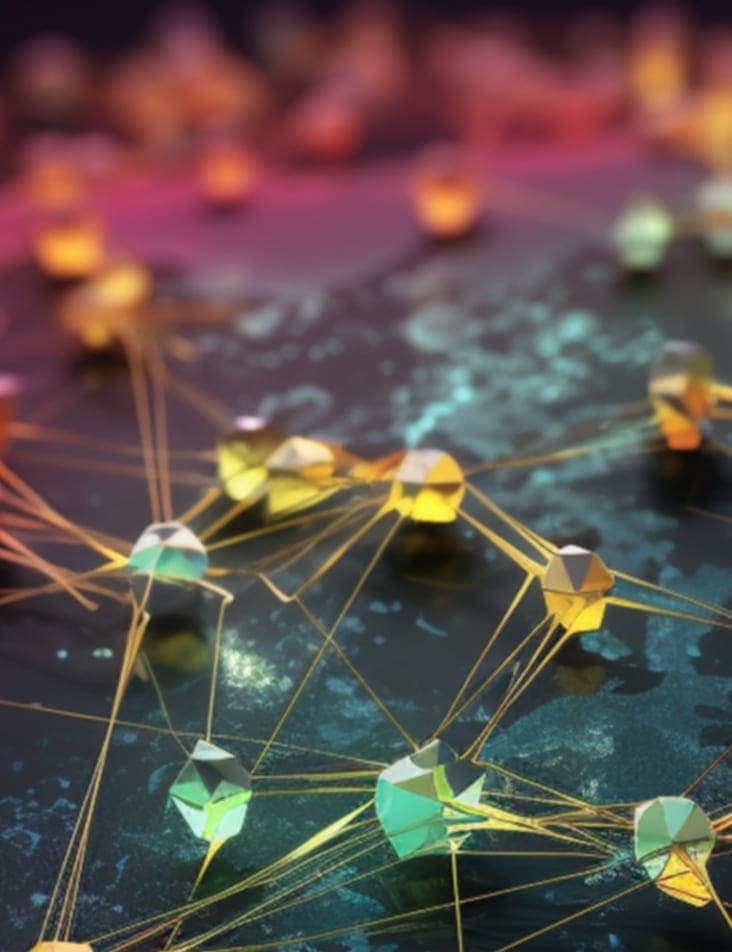 Colorful translucent pins on a map with wires interconnecting them all