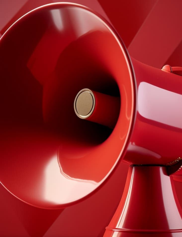 A red megaphone against a red and white background