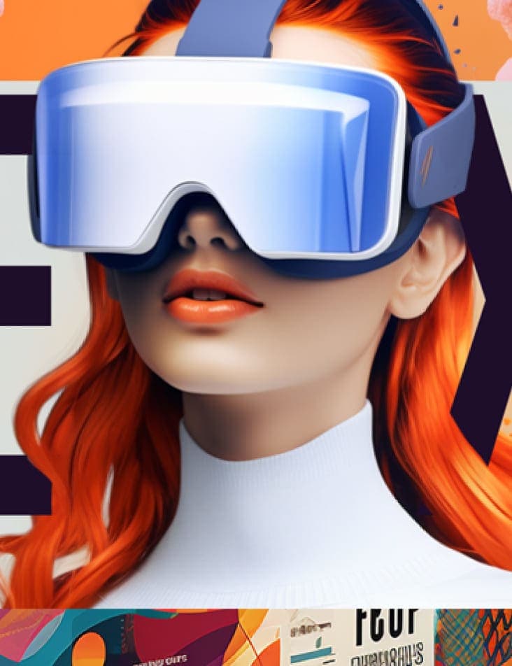 A woman with VR goggles and red hair on a billboard