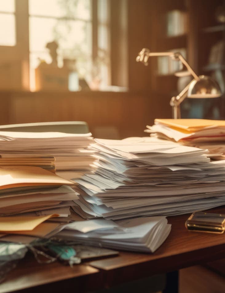 A desk in a personal office at golden hour that is covered in stacks of paper