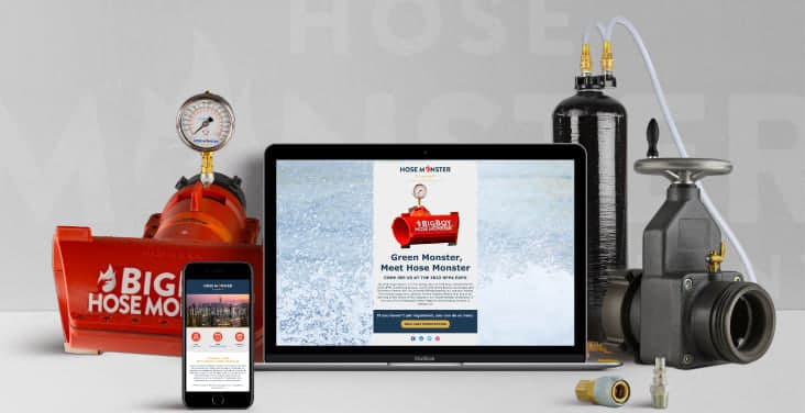 A Big Boy Hose Monster, Dechlor Demon, Hydrant Gate Valve next to a phone and laptop displaying the Hose Monster website.