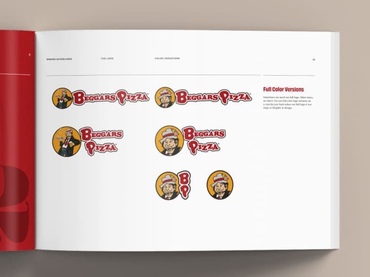 A page from the Beggars Pizza brand book detailing logo usage rules.