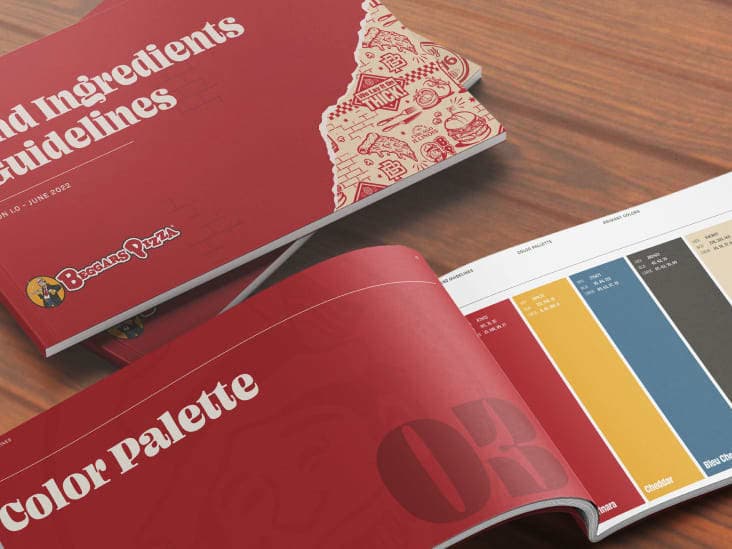 The cover and color palette spread of the Beggars Pizza brand guidelines book.