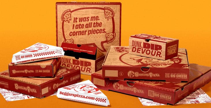 Various sizes of pizza, slice, and appetizer boxes with the Beggars Pizza branding and messaging.