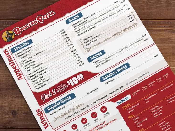 A page of the Beggars Pizza eat-in menu featuring appetizers and wings.