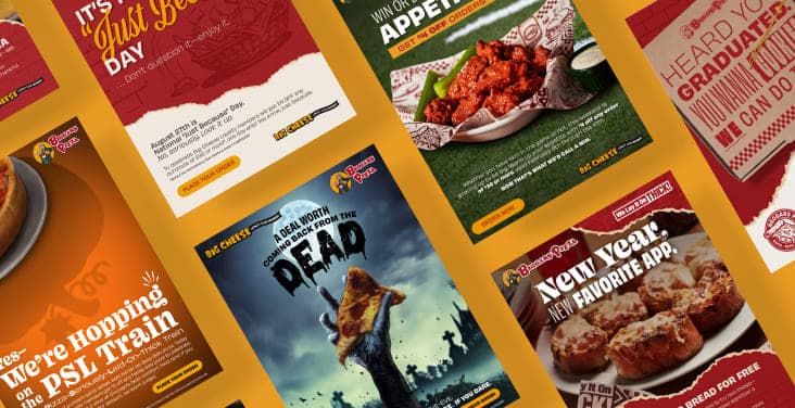 A grid featuring a variety of Beggars Pizza loyalty program emails, including a Halloween email, football-themed email, and New Years email.