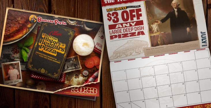 The front cover and an inside spread of the Beggars Pizza customer calendar, featuring a “$3 off” deal and calendar pages.
