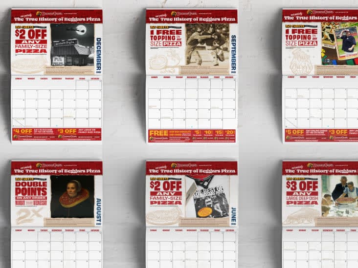 Various spreads from the inside of the Beggars Pizza customer calendar, with promotional discounts featured on every page.