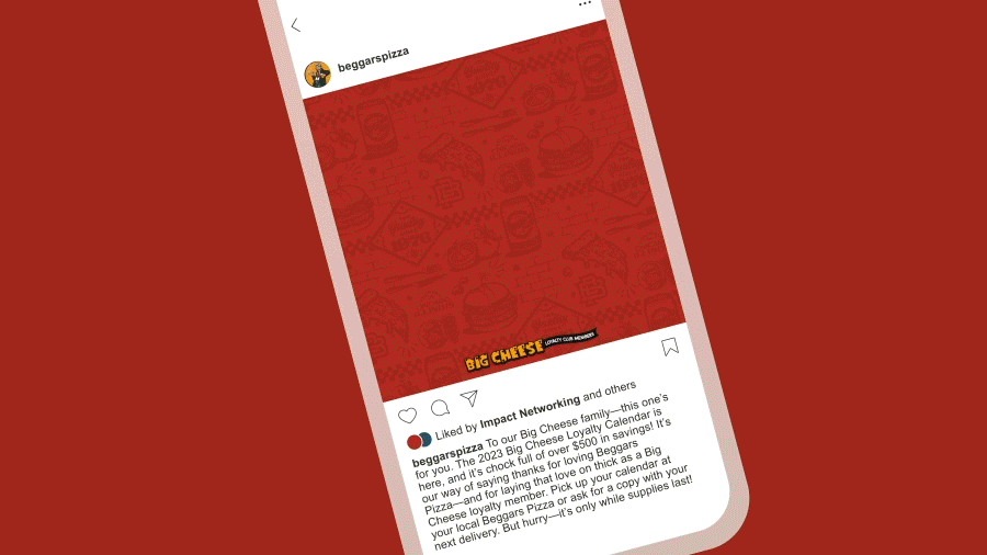 A phone featuring the Beggars Pizza Instagram post announcing the release of the 2023 customer calendar.