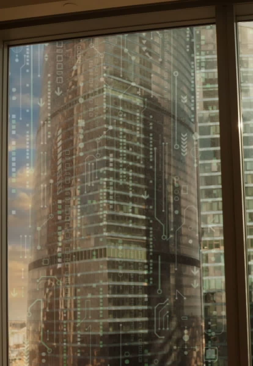 Person looking out window at skyscraper
