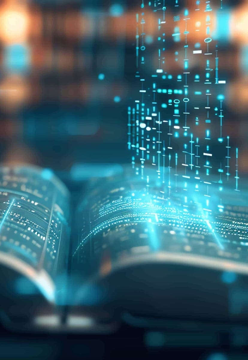 Glowing blue code falling into a book