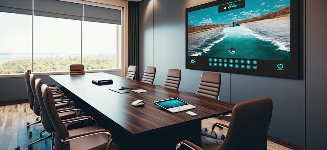 Conference room with a audio video system setup on the table connected to a large TV.