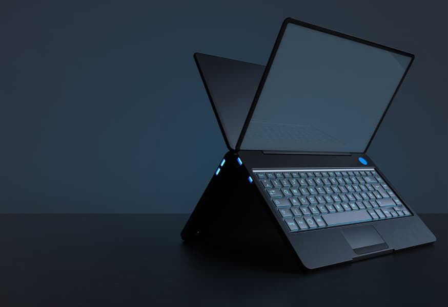 An open laptop on an angle with a blank screen