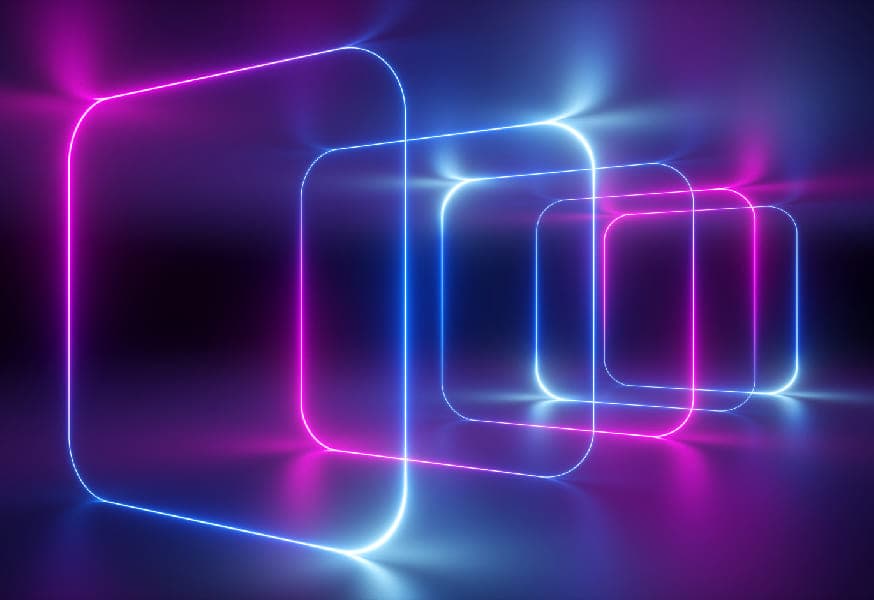 A series of glowing blue and purple square outlines representing a cybersecurity stack