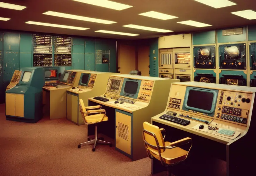 A vintage computer room outfitted with old school technology and furniture