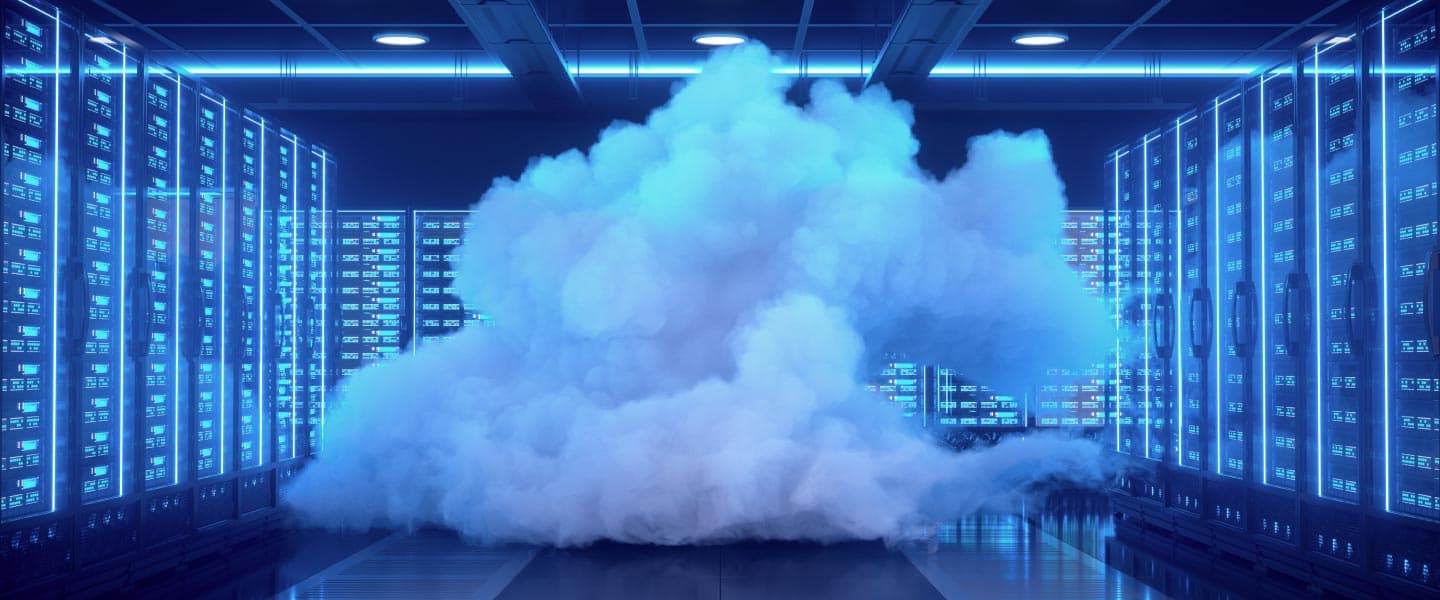 A billowing plume of white smoke in a server room with blue lighting